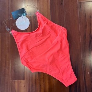 New NWT Girls On Swim Neon Coral Swimsuit Scoop Neck Clear Strap High-Leg Sz XS